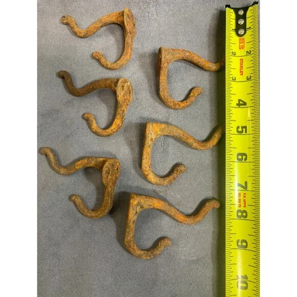 6 Antique Vintage Rustic Cast Wrought Iron Wall COAT HOOKS Hardware 3" RUSTY - Picture 8 of 11